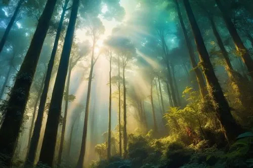 sunlight rays through the fog in a forest,foggy forest,forest of dreams,forest landscape,elven forest,forest background,forest,fairy forest,holy forest,coniferous forest,green forest,fir forest,forest