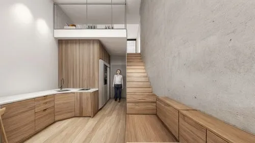 hallway space,walk-in closet,laundry room,kitchen design,modern minimalist bathroom,modern kitchen interior,3d rendering,room divider,core renovation,modern kitchen,modern minimalist kitchen,interior modern design,laminated wood,wall plaster,exposed concrete,shared apartment,wooden wall,wooden stair railing,cabinetry,modern room,Interior Design,Kitchen,Modern,Italian Minimal Zen