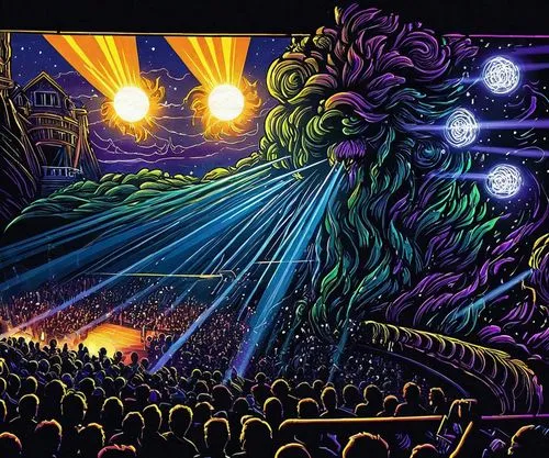 an illustration of a concert with bright lights,woodring,wakarusa,phish,bassnectar,merriweather,bisco,Illustration,Realistic Fantasy,Realistic Fantasy 25