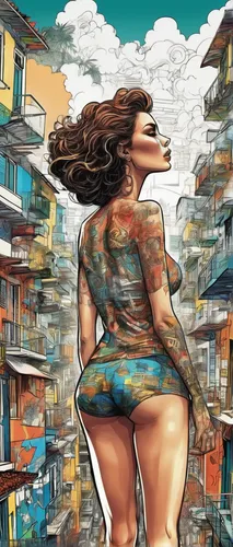 world digital painting,havana,kowloon city,rio de janeiro,urbanization,rio de janeiro 2016,rooftops,valparaiso,cuba background,graffiti art,rio,city ​​portrait,copacabana,woman thinking,human settlement,metropolises,sci fiction illustration,slum,vedado,medellin