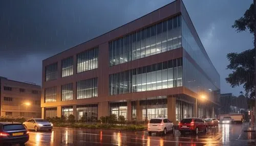 raining scene of a commercial building; cars speeding fast leaving light trails on the road in front of the building.,a view of a parking lot, cars, and buildings,biotechnology research institute,tech