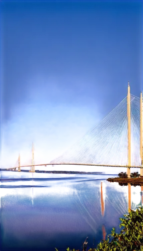 Dames Point Bridge, suspension bridge, morning mist, golden hour, Florida coastline, Atlantic Ocean, blue waters, sailboats in distance, seagulls flying overhead, steel cables, concrete pillars, pedes