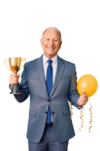 Trophy, golden cup, confetti, colorful balloons, cheerful atmosphere, successful businessman, mature man, suits, tie, smiling face, bright eyes, raised arms, holding trophy, panoramic view, warm light