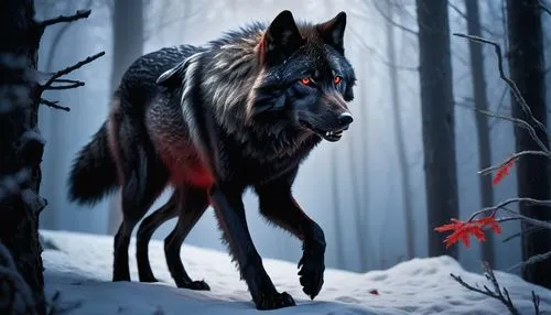 black wolf, standing, majestic, sharp claws, fluffy fur, red glowing eyes, intense stare, winter forest, snowflakes falling, misty atmosphere, tall trees, moonlight shining through branches, frosty ai