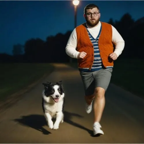 Short Chubby young 20-year-old male, beard, running very fast, vintage cardigan, burnt orange vest, pants with cuffs, converse runners, running fast, sprinting ,a man running a dog down a road,running