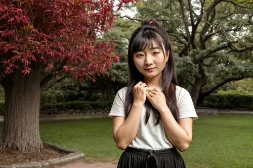 una niña asiatica en un jardin de un parque con muchos arboles ,asian woman,girl praying,asian girl,japanese woman,oriental girl,xiaochi,japanese idol,asian,siu mei,phuquy,vietnamese woman,vintage asi