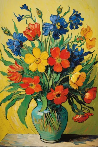 flower painting,still life of spring,sunflowers in vase,floral composition,flowers in basket,bright flowers,spring flowers,vincent van gogh,vincent van gough,flower vase,splendor of flowers,tulips,flowers png,vase,yellow tulips,colorful flowers,post impressionist,spring bouquet,may flowers,flower art,Art,Artistic Painting,Artistic Painting 03