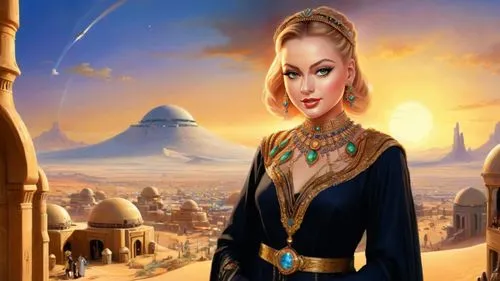 Romantic masterpiece oil painting, beautiful girl portrait, abaya dress, nostalgic 1950's style kitsch, breathtaking beautiful epic vast landscape, Tatooine, Mos Eisley Spaceport, majestic scenery, st