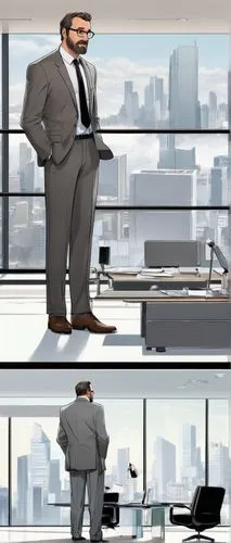 Middle-aged man, mature, bespectacled, short brown hair, trimmed beard, white shirt, black tie, grey suit, briefcase, standing, confident pose, modern office building, cityscape, floor-to-ceiling wind