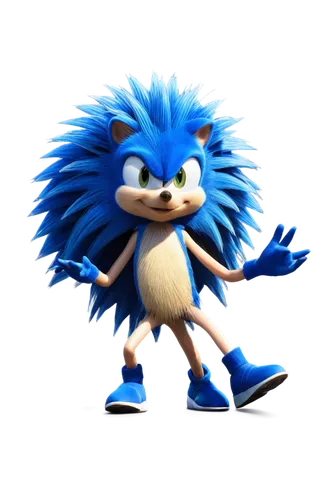 Blue hedgehog, Sonic, driving pose, dynamic movement, speed lines, shiny metallic car body, sleek wheels, glowing blue headlights, confident expression, cool sunglasses, wind-blown quills, afternoon s