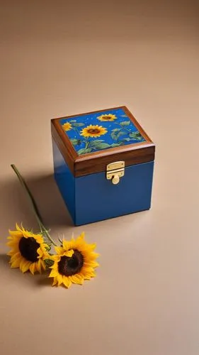 Capture a photo of a small, square wooden box painted in a vibrant blue color, positioned centrally on a plain light brown backdrop. The box should have a decorative metal latch on the front, and the 