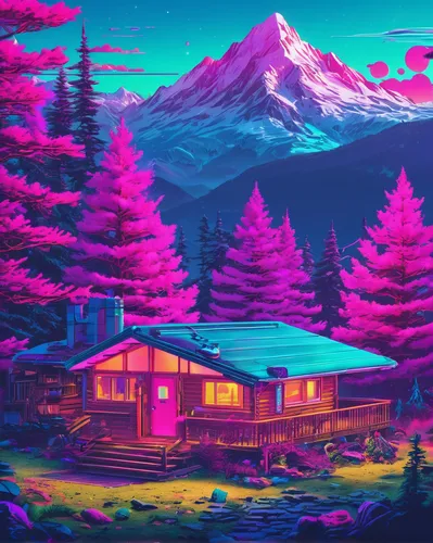 the cabin in the mountains,purple wallpaper,retro background,purple landscape,log cabin,ski resort,hd wallpaper,house in the mountains,landscape background,wallpaper roll,80's design,house in mountains,wallpaper,desktop wallpaper,summer cottage,cabin,screen background,retro styled,background screen,lonely house,Conceptual Art,Sci-Fi,Sci-Fi 28