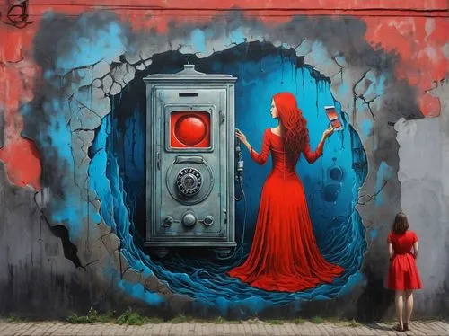 girl in a long dress,man in red dress,urban street art,street artist,urban art,streetart,street art,street artists,girl in red dress,lady in red,graffiti art,red wall,transistor,girl in a long dress from the back,grafitti,red gown,graffiti,phone booth,red coat,red paint,Conceptual Art,Graffiti Art,Graffiti Art 09