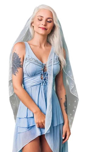 Ethereal woman, spiritual being, glow aura, flowing white hair, delicate features, gentle smile, glowing eyes, intricate tattoos on arms, draped in misty veil, standing in mist, subtle wind blowing, s