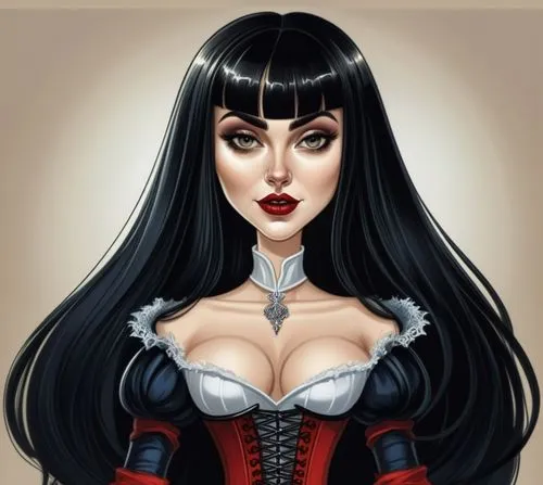 vampire woman,vampire lady,queen of hearts,tura satana,gothic woman,gothic portrait,vampira,fantasy woman,fantasy portrait,goth woman,cruella,cruella de ville,vampire,evil woman,corset,lady of the night,widow,maiden,gothic fashion,harley,Illustration,Abstract Fantasy,Abstract Fantasy 23