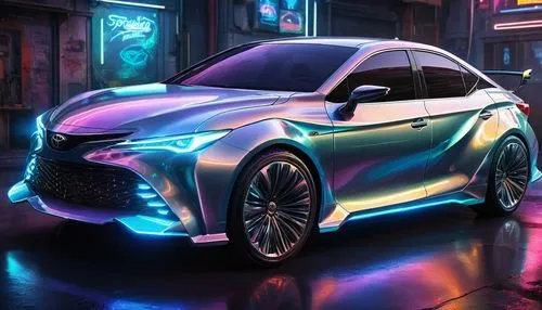 Crazy futuristic car design with huge spoilers, glowing skirts, neon lights, metallic cover, toyota carina concept,lexus rx,lexus,lexus is,lexus rx hybrid,toyota ft-hs,mercedes eqc,lexus hs,lancia pri