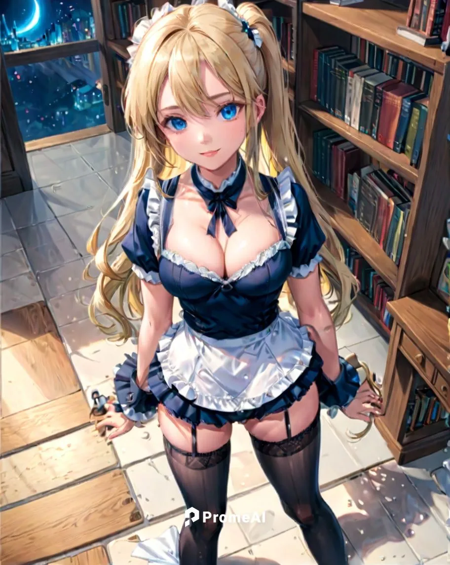 sexy alluring tall blonde female maid
mansion library at night
kneeling on the floor
submissive pose
mouth  wide open
view from above
large breasts
slim waist
wide hips
long blonde hair ponytail
blue 