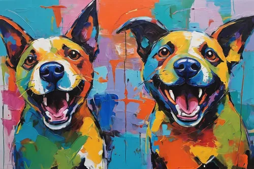 color dogs,bull and terrier,laika,canines,two dogs,two running dogs,hound dogs,podenco canario,three dogs,german shepards,cheerful dog,raging dogs,terrier,popart,rescue dogs,gsd,two wolves,corgis,multicolor faces,bull terrier,Conceptual Art,Oil color,Oil Color 20