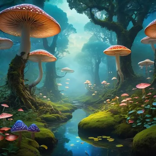 Whimsical Ching Yeh art style, fantasy world, mystical forest, ancient trees with glowing mushrooms, twinkling fireflies, shimmering mist, soft warm lighting, dreamy atmosphere, intricate details, del