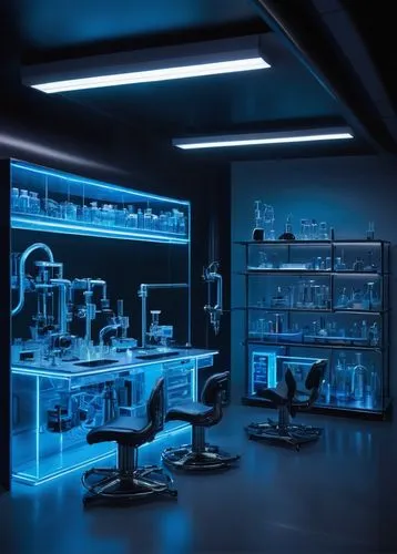 Futuristic laboratory, Brecon company, sci-fi design cell architecture, sleek metallic surfaces, neon blue lights, complex pipework, high-tech equipment, glass containers, futuristic microscopes, robo