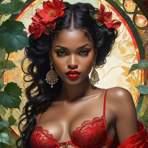 west indian jasmine,african american woman,polynesian girl,beautiful african american women,fantasy portrait,fantasy art,red roses,valentine pin up,red magnolia,red rose,romantic portrait,queen of hearts,valentine day's pin up,rose wreath,red berries,black woman,red lipstick,fantasy woman,red passion flower,oriental princess,Conceptual Art,Fantasy,Fantasy 05