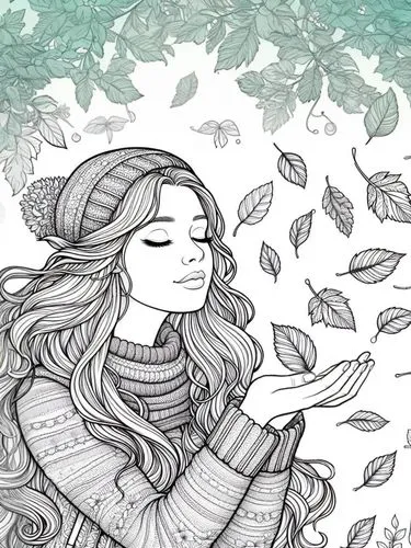 expand background,an ink drawing of a woman with a scarf and a hat holding leaves, with leaves falling,leaf drawing,throwing leaves,falling on leaves,autumn idyll,birch tree illustration,autumn songs