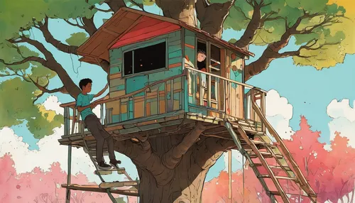 Write a humorous dialogue between a father and his young son as they attempt to build a treehouse together.,tree house,treehouse,tree house hotel,bird house,birdhouse,birdhouses,bird home,bird tower,w