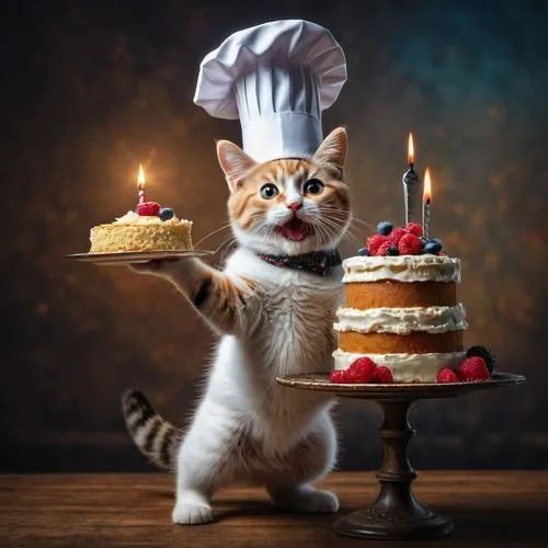 cute little cat in a chef's hat stands on his hind legs and holds a big cake on his front legs,pastry chef,caterer,chef,little cake,first birthday,gateau,onioncake,gourmand,second birthday,bake it you