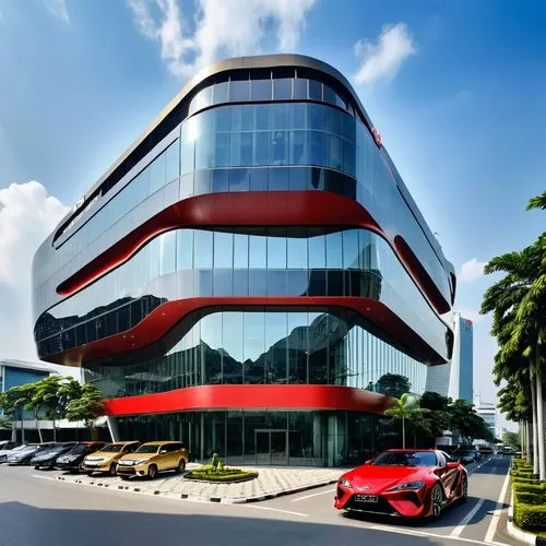 A LUXURIOUS TOYOTA MOTORS DEALER, TWO STOREYS, SURABAYA, STREET JUNCTION, RED CRESCENT LOGO, PERFORATED BLACK METALS BUILDING COVER, LARGE PARKING AREA AT FRONT, LARGE STEEL COLLONADE , GOLDEN LINING,