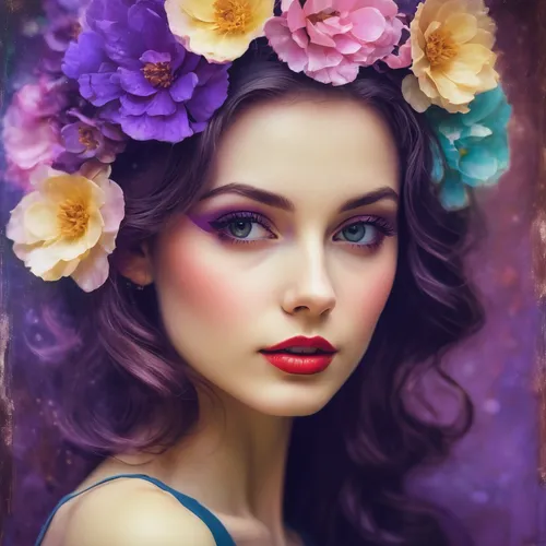 Create a nostalgic YouTube clip with a retro color filter,beautiful girl with flowers,lilac flower,girl in flowers,romantic portrait,lilac blossom,fantasy portrait,purple rose,purple lilac,lilac flowe