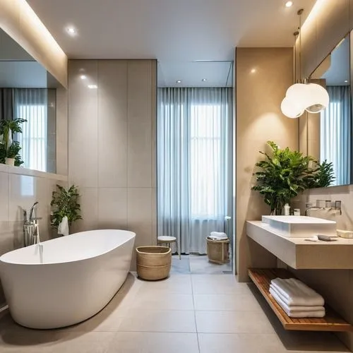 haz un baño de un hotel con todo su equipamiento y agregale tonos de blanco, gris, beige y un poco de verde, que se vea el inodoro y sencillo,luxury bathroom,modern minimalist bathroom,bath room,ensui