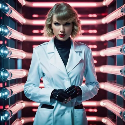 Taylor Swift, AI chief, futuristic laboratory, neon lights, holographic screens, robotic arms, sci-fi atmosphere, confident pose, short blonde hair, minimal makeup, white lab coat, black leather boots