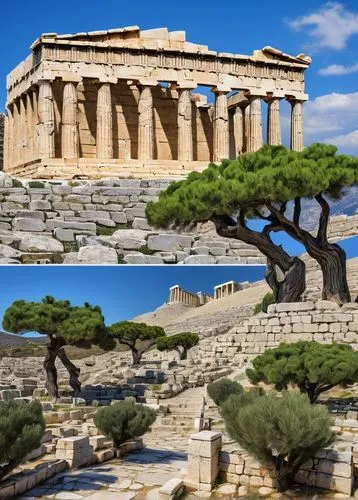 Ancient Greek temple, Doric columns, intricate carvings, marble stones, statues of gods, goddesses, mythological creatures, blue skies, warm sunlight, Mediterranean landscape, olive trees, mountainous