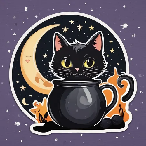 a cauldron and black cat, moon and stars, vector art,cat vector,halloween cat,halloween vector character,halloween black cat,clipart sticker,capricorn kitz,vector illustration,halloween illustration,j