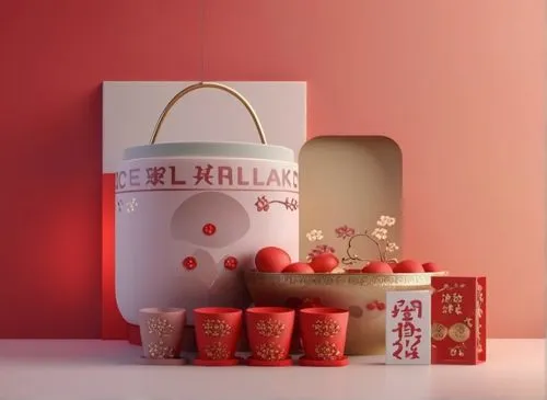 an image of a chinese style gift bag and other products,clay packaging,christmas packaging,cosmetics packaging,valentine's day décor,macaroons,christmas gold and red deco,Unique,3D,3D Character