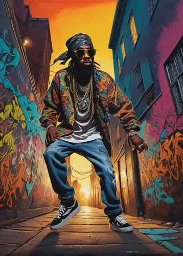 Graffiti walls, urban cityscape, dusk, street lamps, hip-hop dancer, gold chains, baggy jeans, oversized shirts, bandanas, sunglasses, bold brushstrokes, vibrant colors, abstract shapes, 3D effects, d