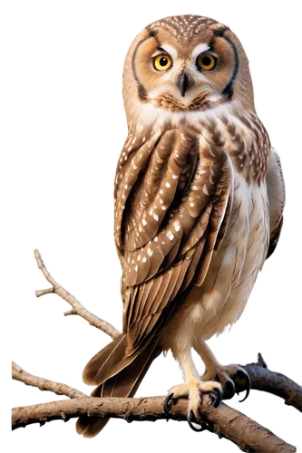 Perched owl, nocturnal bird, solo, big round eyes, white facial disk, brown feathers, sharp talons, strong wings, sitting, branch, moonlight, soft focus, cinematic composition, warm color tone, shallo