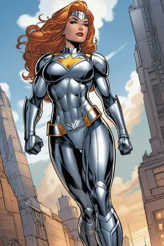 Female version of Steel from DC Comics. Silver armor.  ,the woman in blue outfit and her red hair,siryn,madelyne,rahne,giganta,barda,dematteis,Illustration,American Style,American Style 13