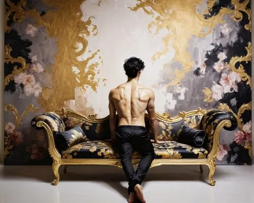 yellow wallpaper,gold paint strokes,napoleon iii style,rococo,gold paint stroke,tisci,gold wall,baroque,damask background,gold lacquer,oriental painting,chaise,the throne,throne,janome chow,damask,four poster,antique background,woman's backside,italian painter