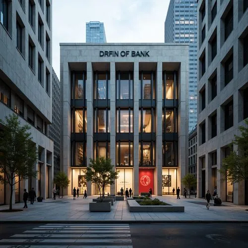 Monumental bank building, brutalist architecture, raw concrete textures, industrial metal accents, bold geometric patterns, stark urban landscape, overcast sky, dramatic shadows, high-contrast lightin