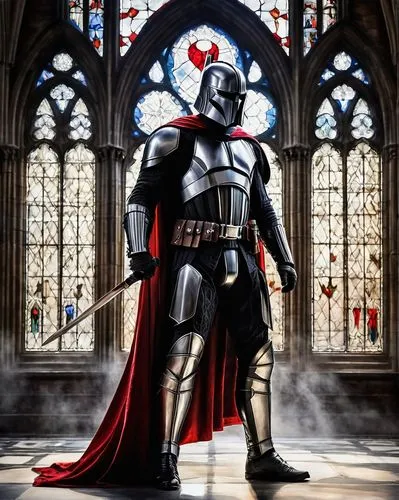 Mithfield Deathstar, male, dark knight, intimidating posture, helmet with a black visor, silver armor, red cape, sword on his back, muscular build, standing in a grand, gothic cathedral, stained glass