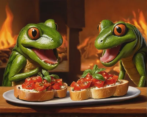 Create a dialogue between two friends discussing their favorite bruschetta toppings.,bruschetta,toasts,kawaii frogs,hors d'oeuvre,shrimp toast,hors' d'oeuvres,tree frogs,culinary art,frog background,f