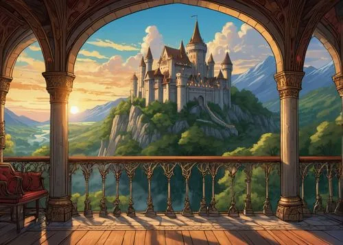 fairy tale castle,knight's castle,fairytale castle,hogwarts,gondolin,citadels,nargothrond,castle windows,sylvania,castlelike,castle of the corvin,castle,fantasy landscape,rivendell,summit castle,alfheim,bewcastle,highstein,background design,castledawson,Illustration,American Style,American Style 13