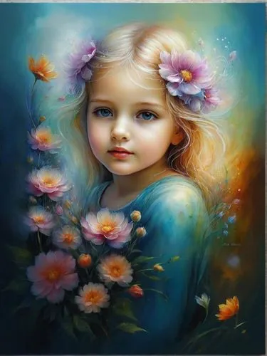 girl in flowers,flower painting,little girl fairy,mystical portrait of a girl,child portrait,oil painting on canvas,girl picking flowers,child fairy,flower girl,beautiful girl with flowers,art paintin