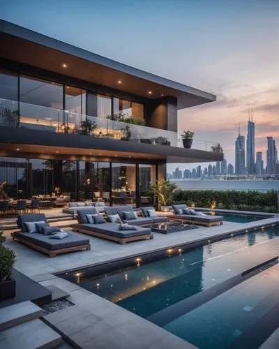 Modern Villa with Swimming pool, Background is Skycrapers,luxurious home with private outdoor pools at dusk,penthouses,luxury property,roof top pool,baladiyat,jumeirah,chicago skyline,Photography,Gene