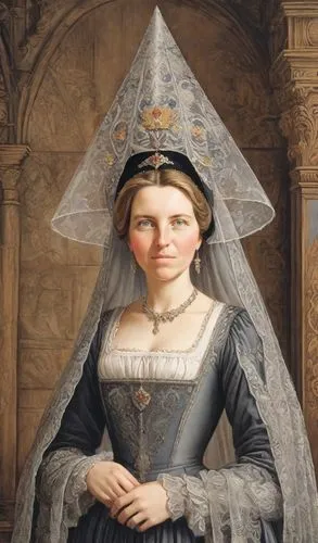 the hat of the woman,portrait of a girl,portrait of christi,the hat-female,portrait of a woman,gothic portrait,conical hat,female portrait,the prophet mary,joan of arc,girl in a historic way,woman's hat,romanian orthodox,iulia hasdeu castle,tudor,diademhäher,bonnet,veil,beautiful bonnet,custom portrait,Digital Art,Comic