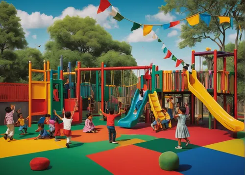 Create a joyful scene of children playing in a colorful playground.,outdoor play equipment,play area,children's playground,play yard,bouncing castle,bounce house,adventure playground,playground,bouncy