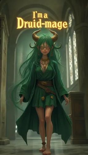 A young girl walks towards the camera while gold lettering above her head glows bright then fades.,a girl wearing a costume walking along a hallway,druidic,druidism,druidry,druid stone,merula,drupada