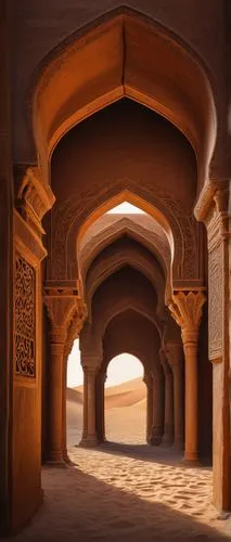 Ancient, abandoned, futuristic, majestic, ornate, sand-covered, worn-out, intricate stone carvings, Arabic-inspired arches, grandiose entrance, towering spires, vast underground chambers, labyrinthine