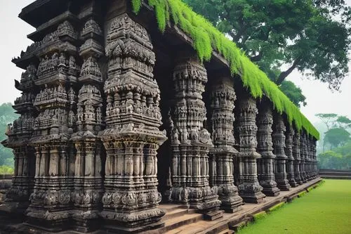 Hindu temple, Hoysala architecture style, ancient, intricately carved stone walls, towering Shikhara, ornate pillars, mythological creatures, Garuda, Naga, intricate sculptures, detailed friezes, orna